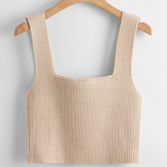Tops - Beige Casual Women's Solid Ribbed Knit Top